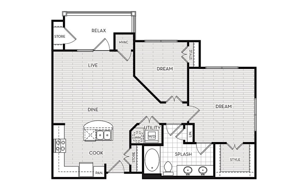 B1 - 2 bedroom floorplan layout with 1 bathroom and 902 square feet