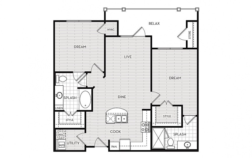 B2 - 2 bedroom floorplan layout with 2 baths and 1014 square feet.