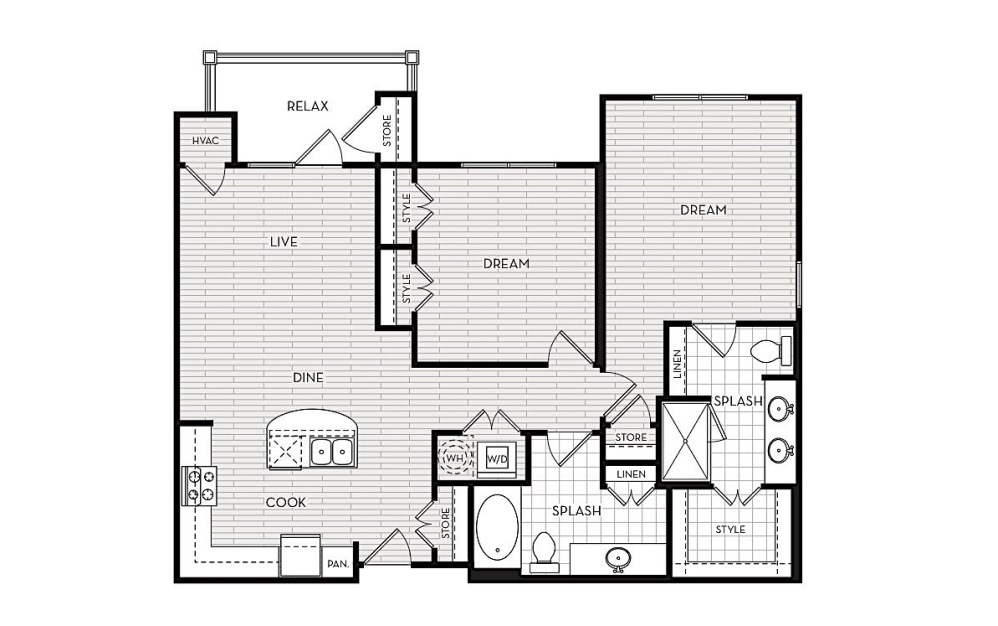 B3 - 2 bedroom floorplan layout with 2 bathrooms and 1127 square feet