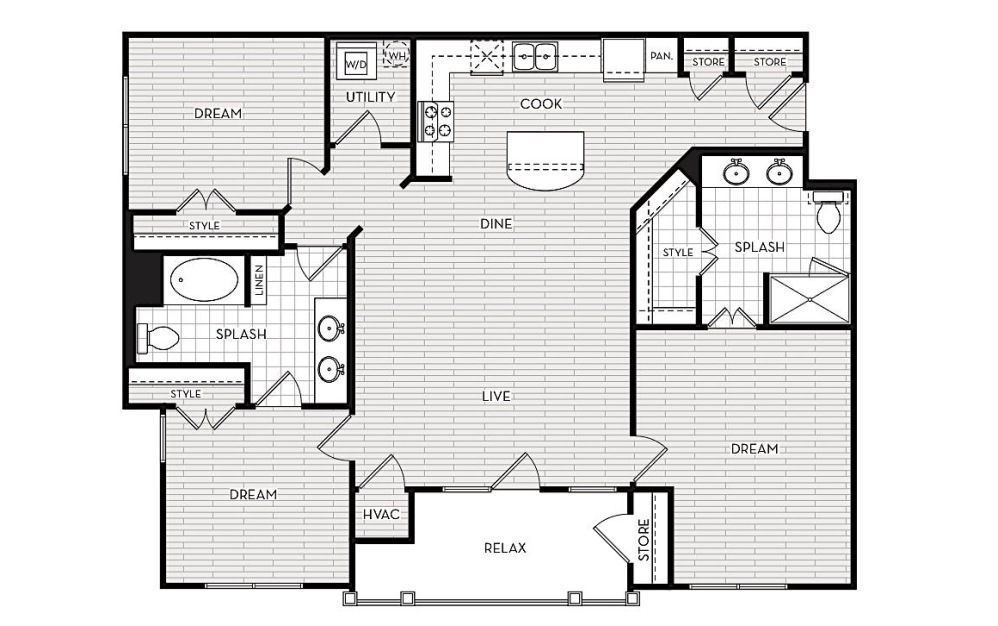 C1 - 3 bedroom floorplan layout with 2 bathrooms and 1405 square feet