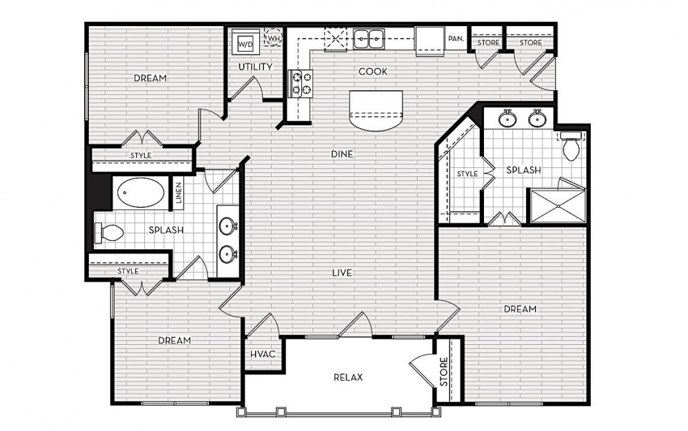 C1 - 3 bedroom floorplan layout with 2 baths and 1405 square feet.