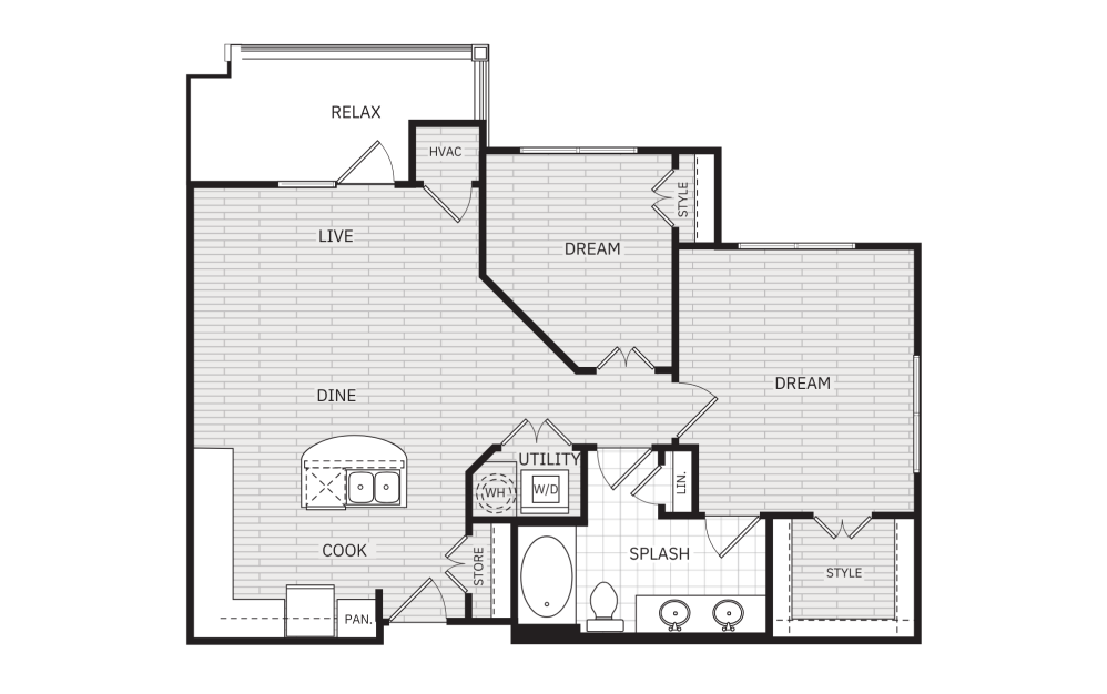 B1 - 2 bedroom floorplan layout with 1 bathroom and 902 square feet